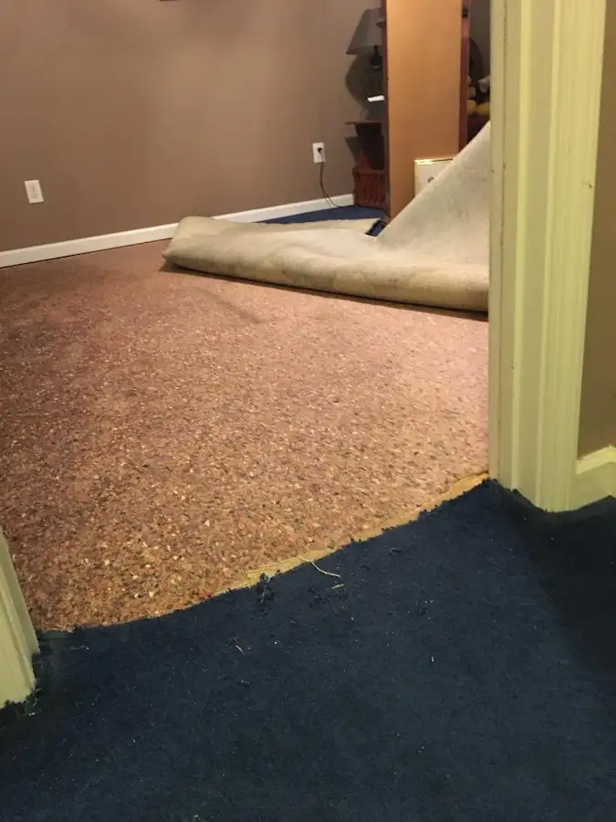 Carpet pad removal revealing water damage during Water Mitigation Services in Orland Hills