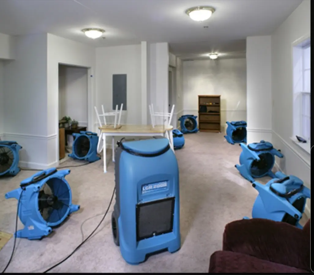 Air movers and dehumidifier setup for Water Damage Restoration in Orland Hills